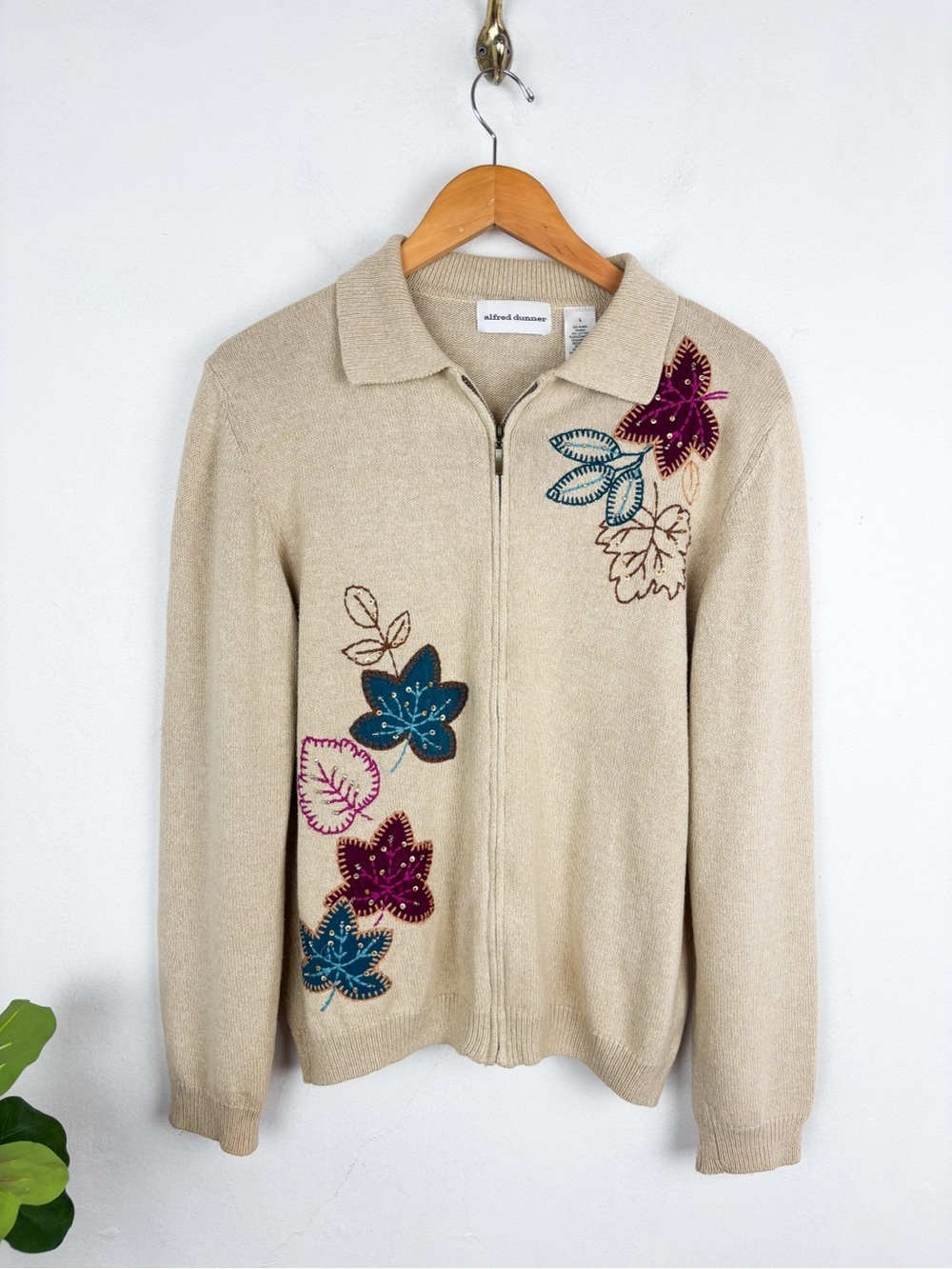 Vintage 90s Alfred Dunner Leaf Embroidered Zip Up Cardigan Sz L